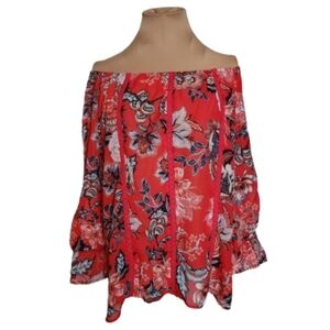 NWT Sara Michelle Off The Shoulder Chiffon Orange Floral Blouse Women's Large